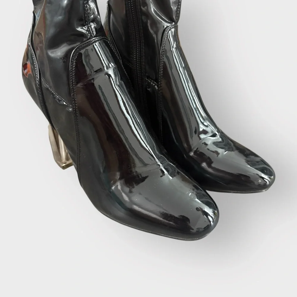 Cape Robbin Black Faux Patent Leather Booties with Perspex Lucite Heel - Glossy - Picture 8 of 8